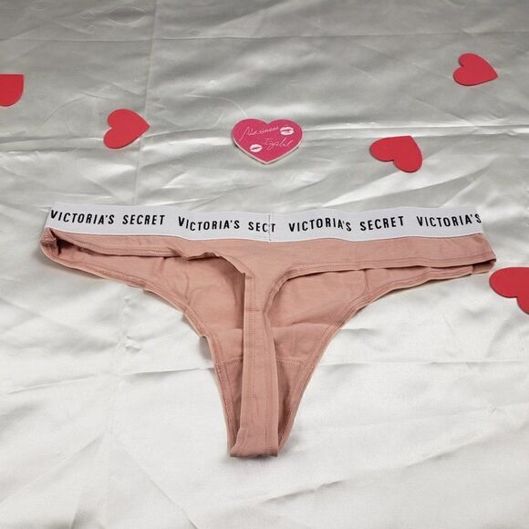 Victoria's Secret Logo Waist Trim Nude Beige Thong - Picture 2 of 4